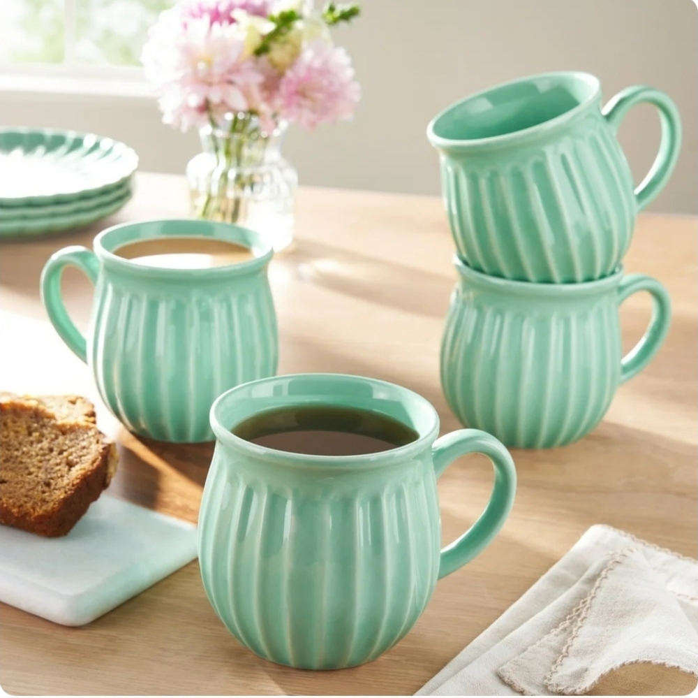 💜 2025 Pioneer Woman Colette Green Ceramic Mug 4 Pack Set